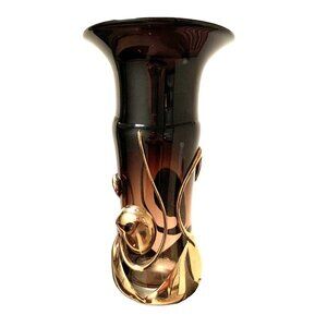 Art Glass Vase Applied Platinum decoration 14" Thick Wall Wayne Filan 1982 Smoke